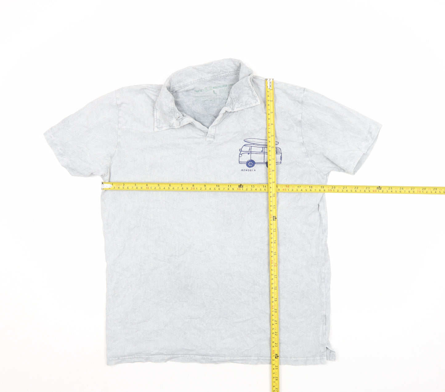 Finestra Men’s Grey Acid Wash Polo Shirt L Surf Van Print Casual Top