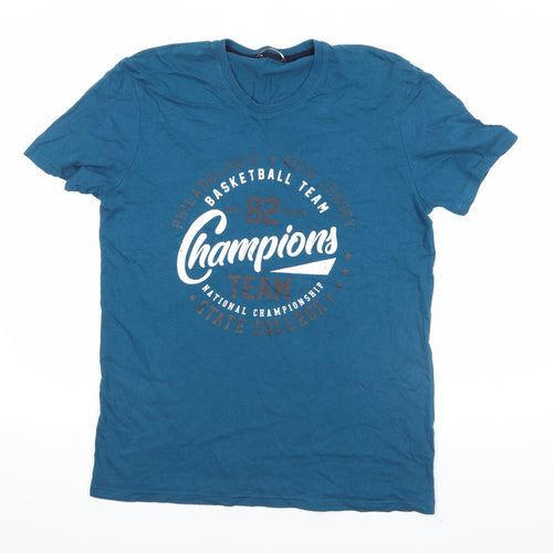 Pep&Co Men's Blue Graphic Sports T-Shirt Size M Cotton Crew Neck