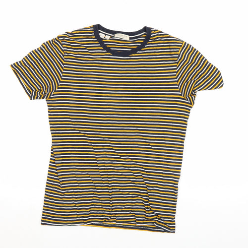 SELECTED HOMME Unisex Navy Yellow Striped Cotton Crew T-Shirt Size S