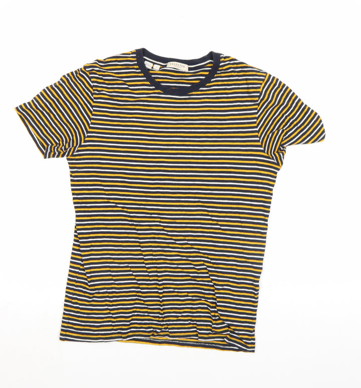SELECTED HOMME Unisex Navy Yellow Striped Cotton Crew T-Shirt Size S