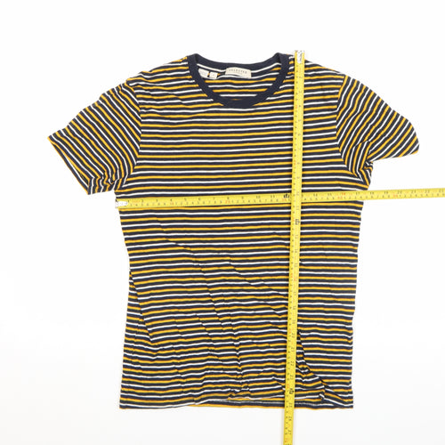 SELECTED HOMME Unisex Navy Yellow Striped Cotton Crew T-Shirt Size S
