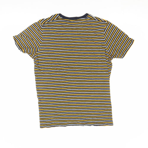 SELECTED HOMME Unisex Navy Yellow Striped Cotton Crew T-Shirt Size S