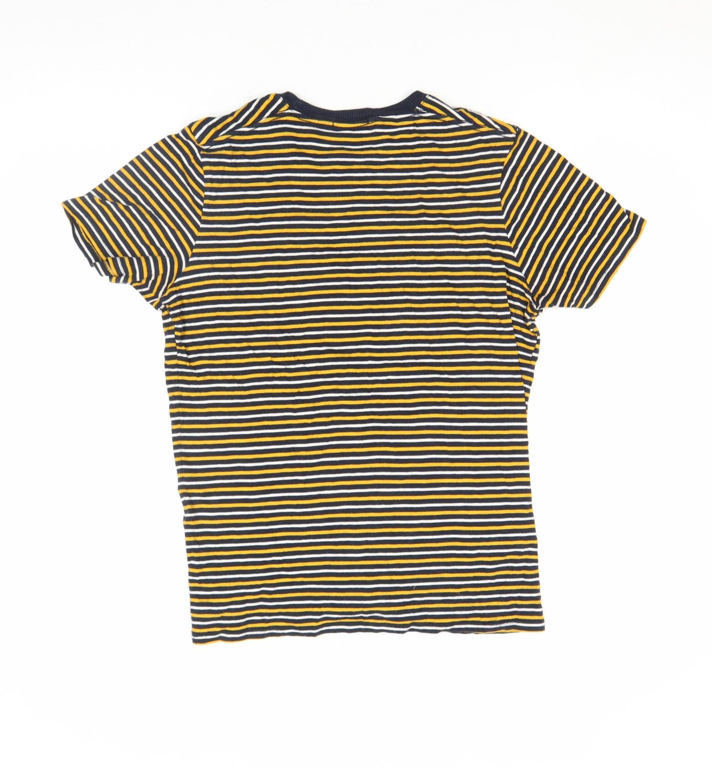 SELECTED HOMME Unisex Navy Yellow Striped Cotton Crew T-Shirt Size S