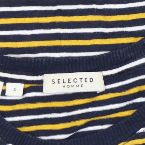 SELECTED HOMME Unisex Navy Yellow Striped Cotton Crew T-Shirt Size S