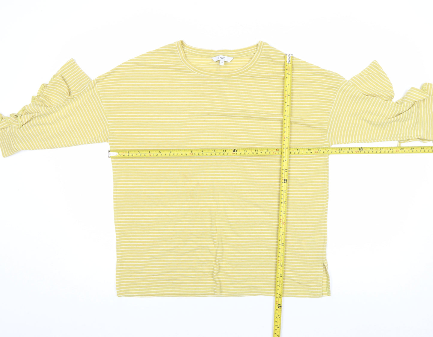 Next Women Yellow Striped Ruffle Sleeve Cotton T-Shirt Size 10
