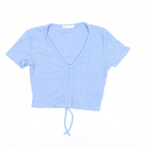 Pull & Bear Women's Blue Cropped V-Neck Ribbed T-Shirt Size L