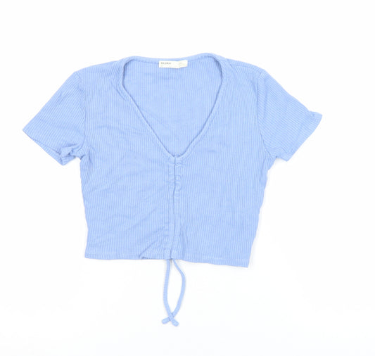 Pull & Bear Women's Blue Cropped V-Neck Ribbed T-Shirt Size L