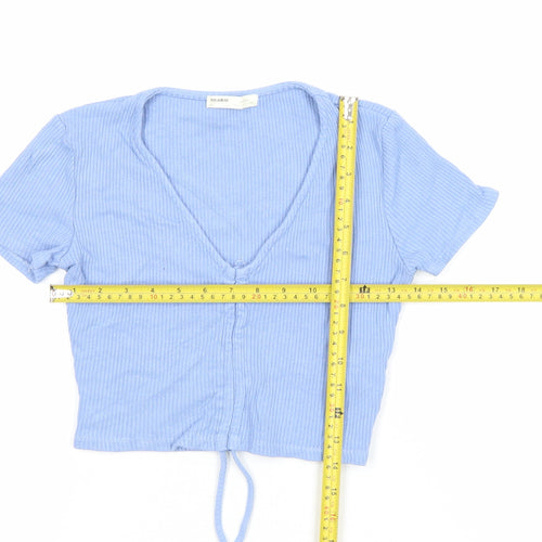 Pull & Bear Women's Blue Cropped V-Neck Ribbed T-Shirt Size L