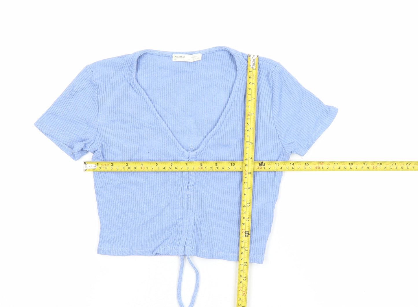 Pull & Bear Women's Blue Cropped V-Neck Ribbed T-Shirt Size L