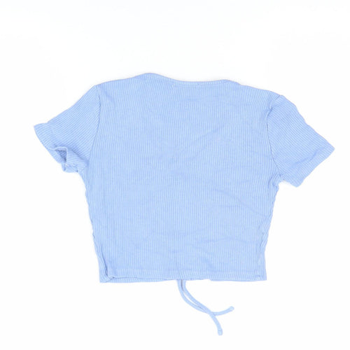Pull & Bear Women's Blue Cropped V-Neck Ribbed T-Shirt Size L