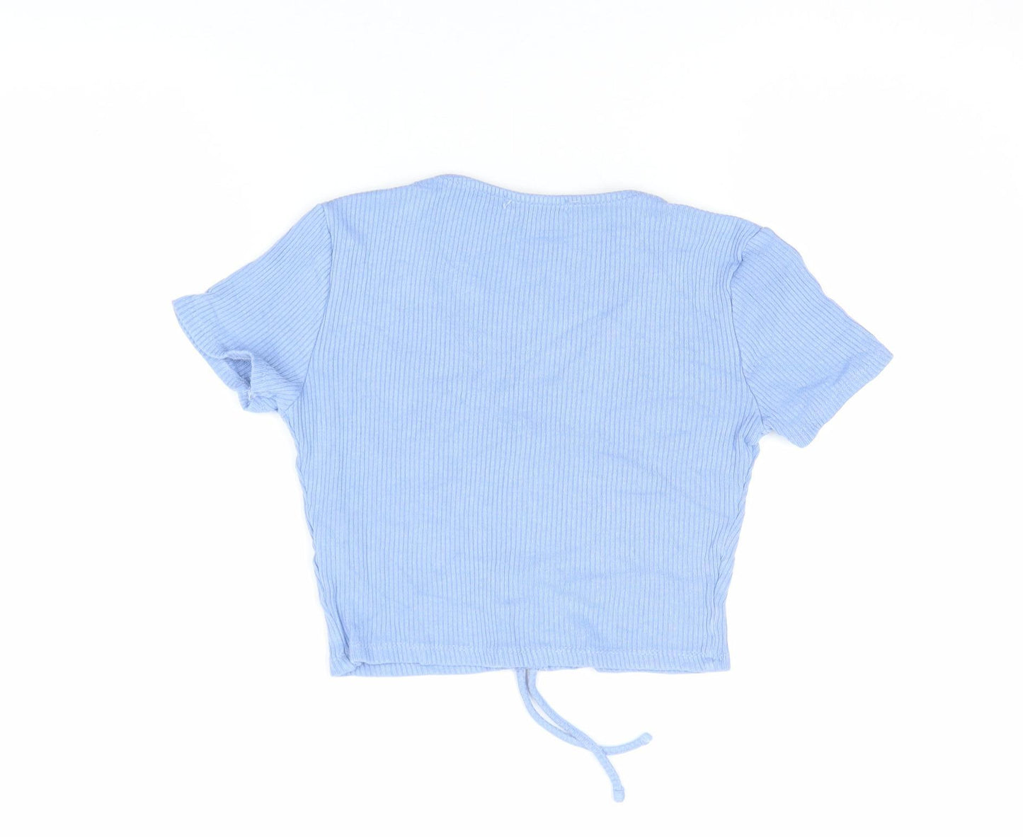 Pull & Bear Women's Blue Cropped V-Neck Ribbed T-Shirt Size L