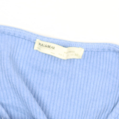 Pull & Bear Women's Blue Cropped V-Neck Ribbed T-Shirt Size L