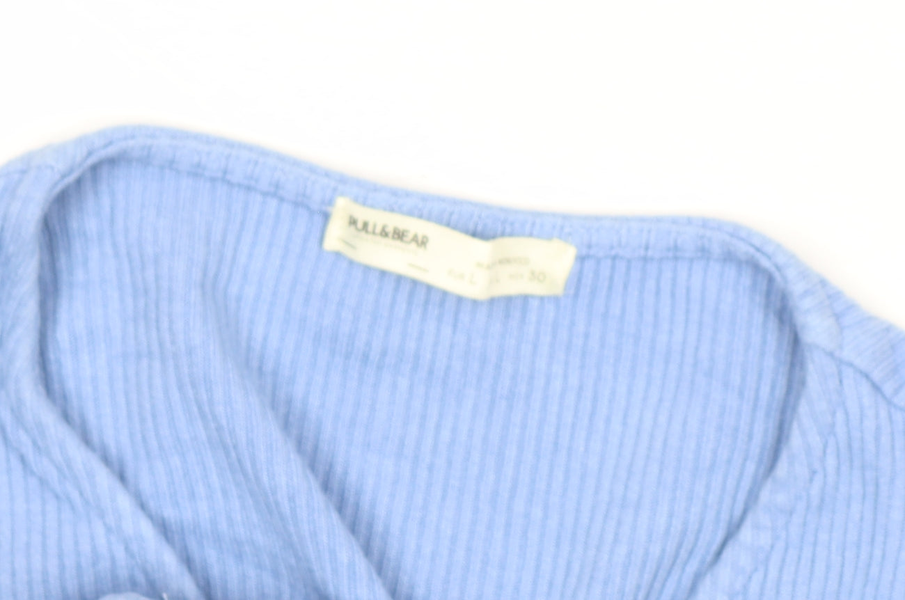 Pull & Bear Women's Blue Cropped V-Neck Ribbed T-Shirt Size L