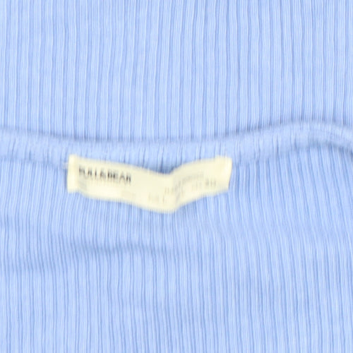 Pull & Bear Women's Blue Cropped V-Neck Ribbed T-Shirt Size L