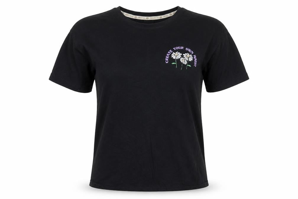 Front view of Recycle Women's Black Graphic Cotton T-Shirt, size S