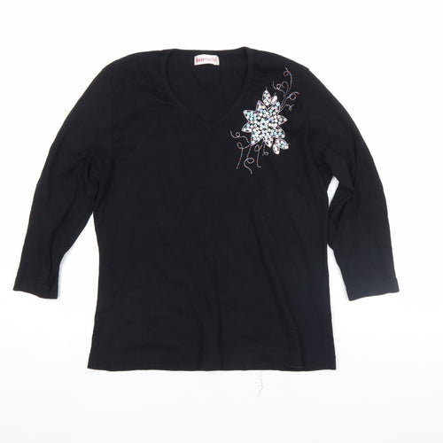 Bonmarché Women's Black Long Sleeve Beaded V-Neck Cotton Top Size L