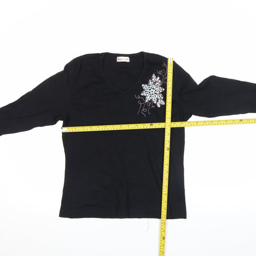 Bonmarché Women's Black Long Sleeve Beaded V-Neck Cotton Top Size L