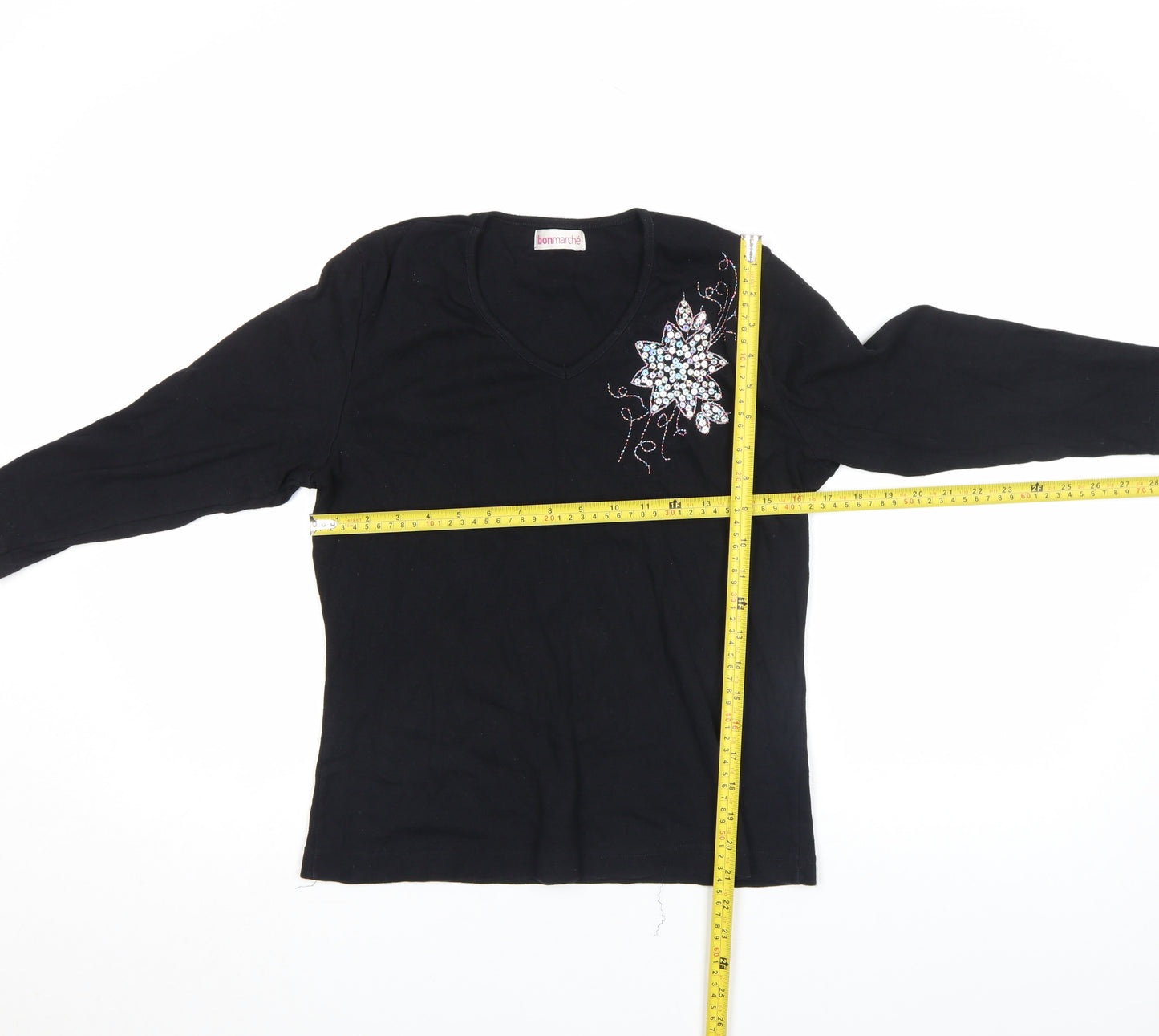 Bonmarché Women's Black Long Sleeve Beaded V-Neck Cotton Top Size L