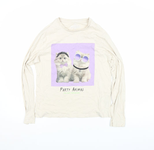 Marks and Spencer Girls Beige Cat Graphic Long Sleeve T-Shirt 13-14 Years