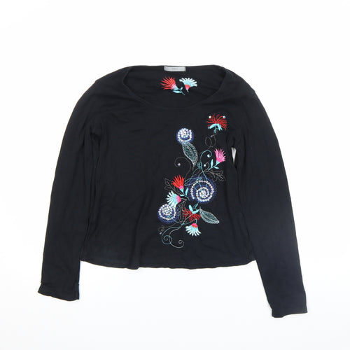 Marks and Spencer Women's Black Embroidered Cotton Long Sleeve T-Shirt Size S