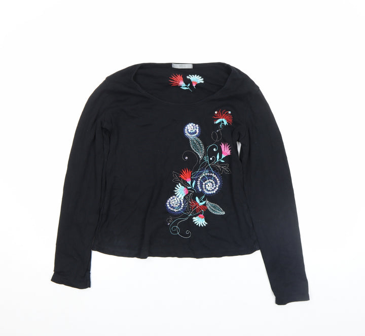 Marks and Spencer Women's Black Embroidered Cotton Long Sleeve T-Shirt Size S