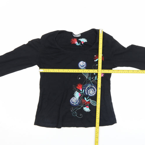 Marks and Spencer Women's Black Embroidered Cotton Long Sleeve T-Shirt Size S