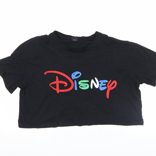 Disney Women's Black Cropped T-Shirt Medium Embroidered Logo