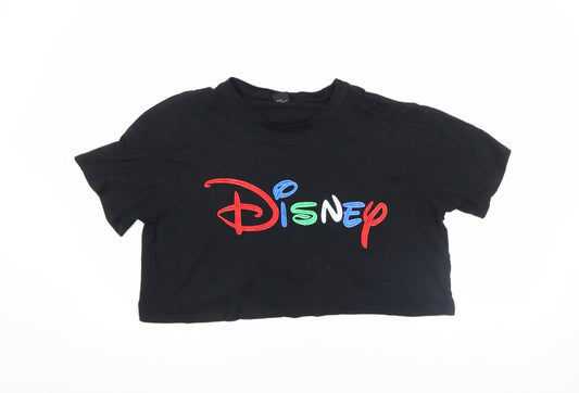 Disney Women's Black Cropped T-Shirt Medium Embroidered Logo