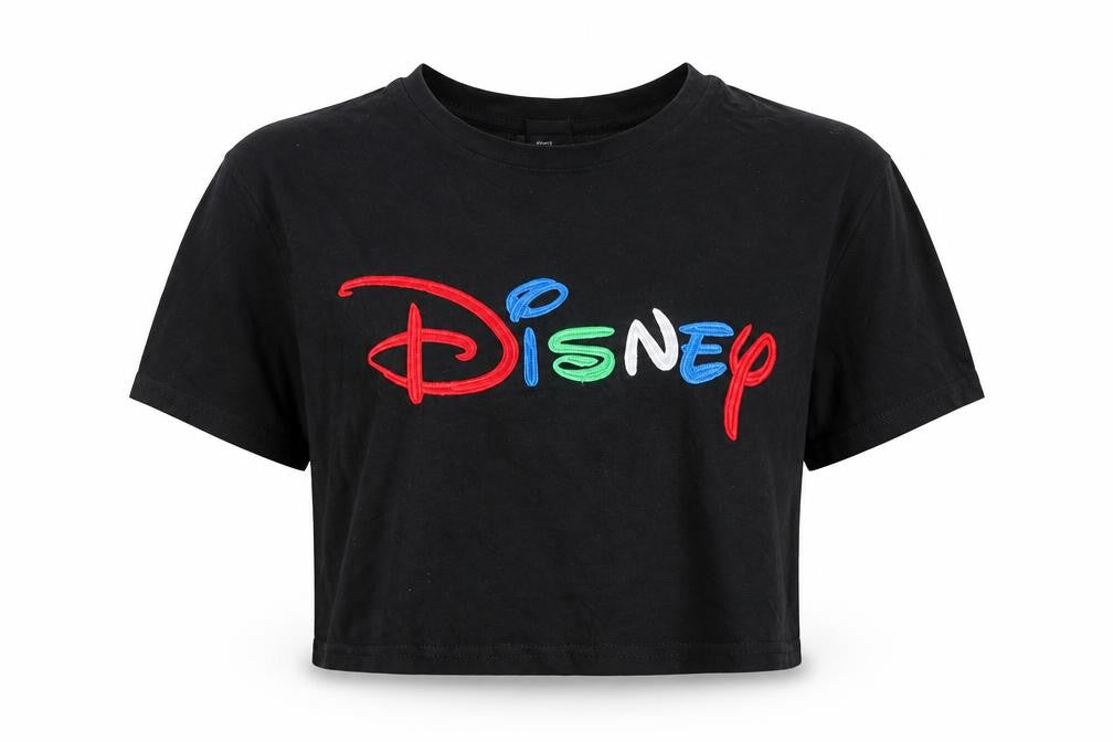 Front view of Disney Women's Black Cropped T-Shirt Medium Embroidered Logo