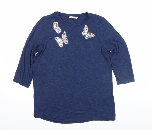 Tu Women’s Blue Sequin Butterfly 3/4 Sleeve Top Size 10