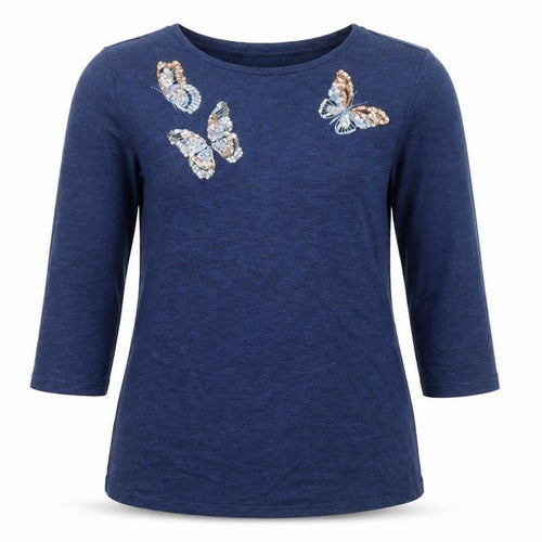 Tu Women’s Blue Sequin Butterfly 3/4 Sleeve Top Size 10