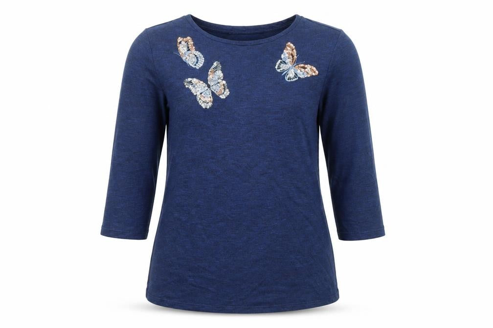 Tu Women’s Blue Sequin Butterfly 3/4 Sleeve Top Size 10
