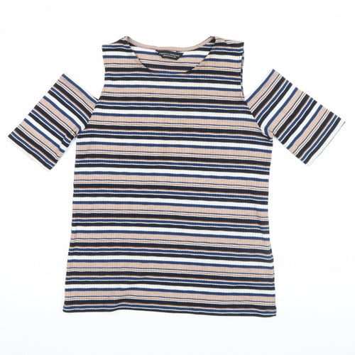 Dorothy Perkins Women Multicoloured Striped Cold Shoulder T-Shirt Size 16