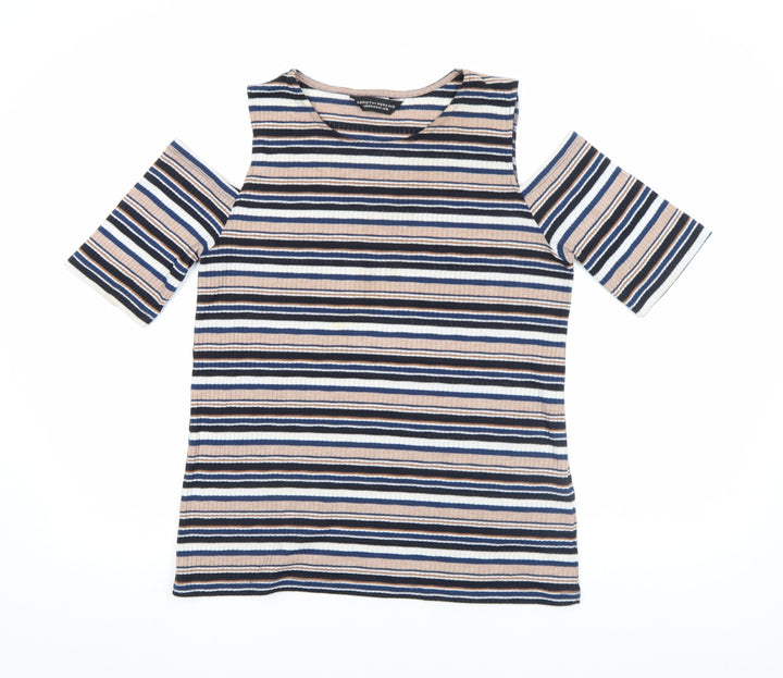Dorothy Perkins Women Multicoloured Striped Cold Shoulder T-Shirt Size 16
