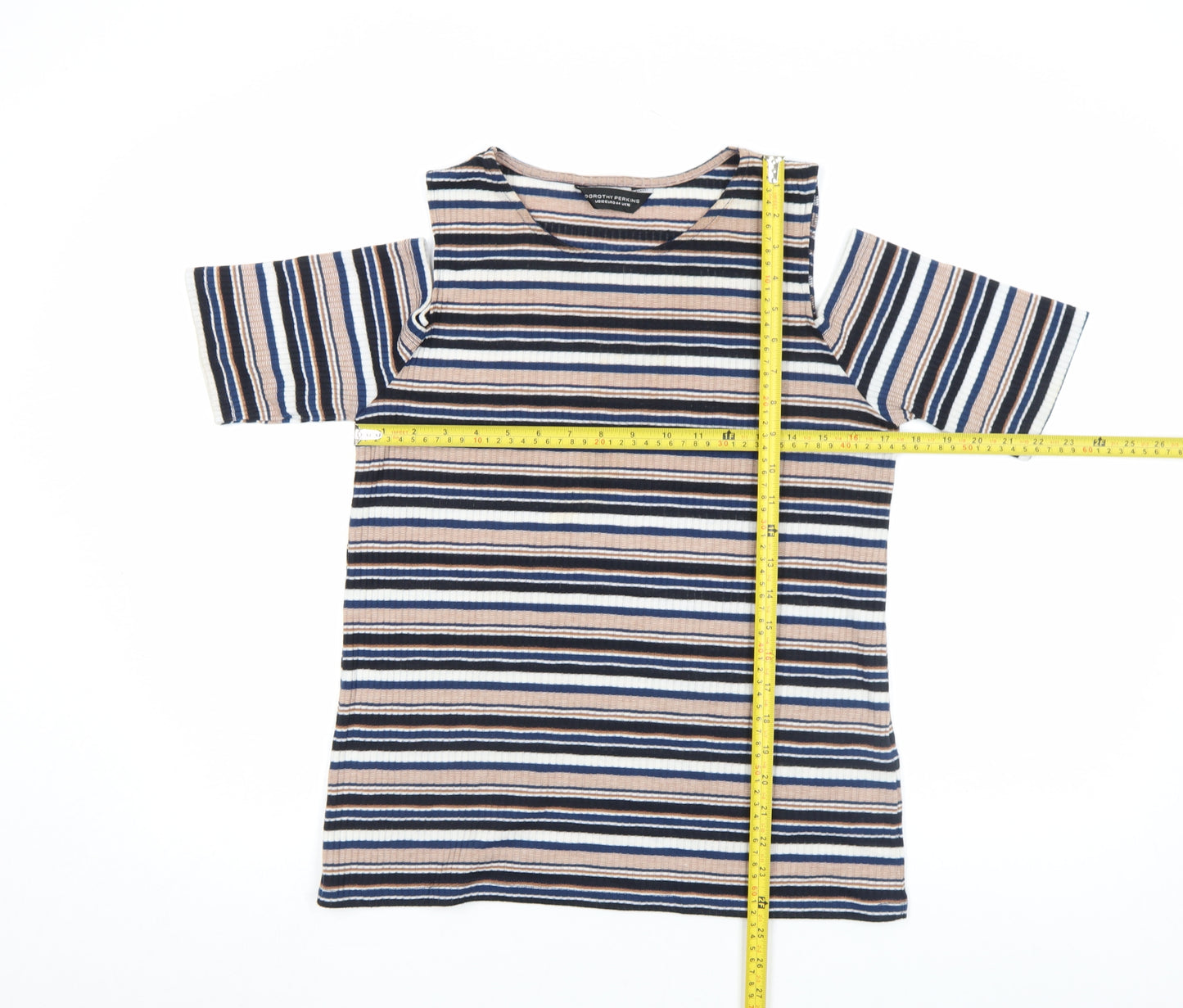 Dorothy Perkins Women Multicoloured Striped Cold Shoulder T-Shirt Size 16