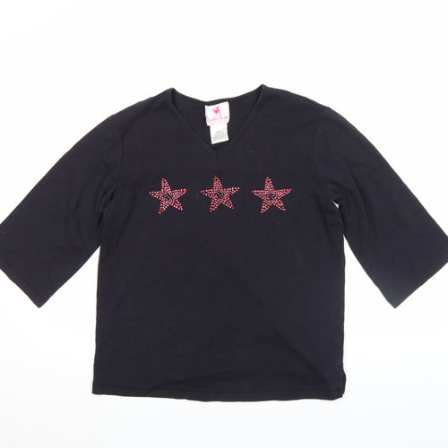 Quacker Factory Women's Black Rhinestone Star V-Neck 3/4 Sleeve Cotton T-Shirt Size S