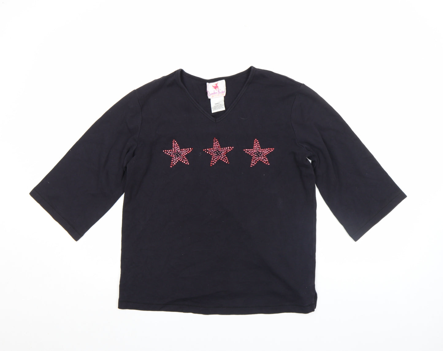 Quacker Factory Women's Black Rhinestone Star V-Neck 3/4 Sleeve Cotton T-Shirt Size S