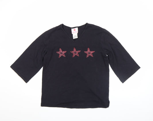 Quacker Factory Women's Black Rhinestone Star V-Neck 3/4 Sleeve Cotton T-Shirt Size S