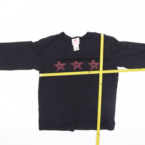 Quacker Factory Women's Black Rhinestone Star V-Neck 3/4 Sleeve Cotton T-Shirt Size S