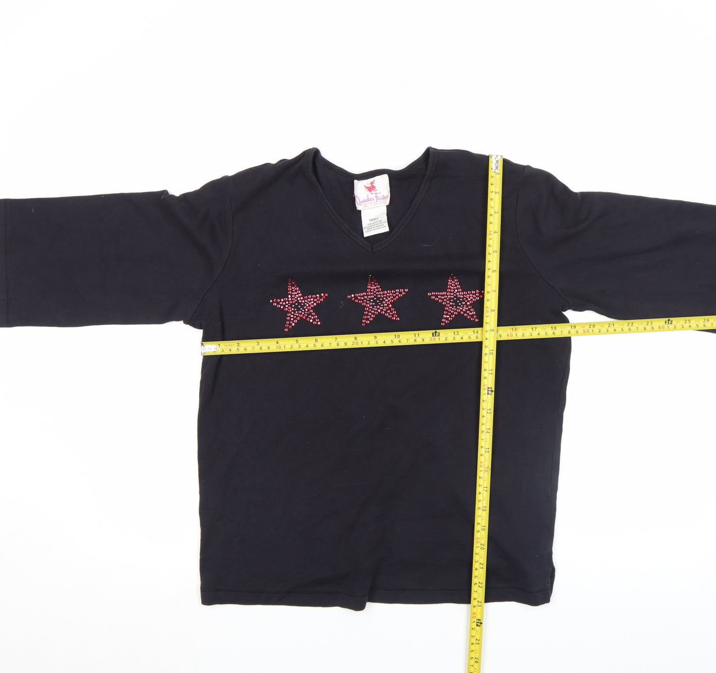 Quacker Factory Women's Black Rhinestone Star V-Neck 3/4 Sleeve Cotton T-Shirt Size S