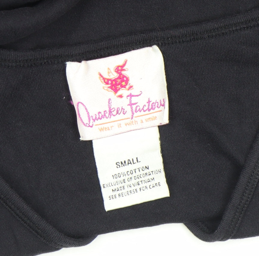 Quacker Factory Women's Black Rhinestone Star V-Neck 3/4 Sleeve Cotton T-Shirt Size S