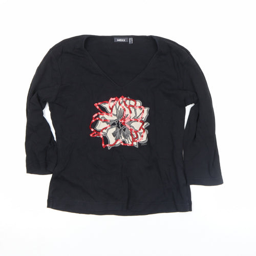 Mexx Women's Black Floral Sequin V-Neck 3/4 Sleeve T-Shirt Size L