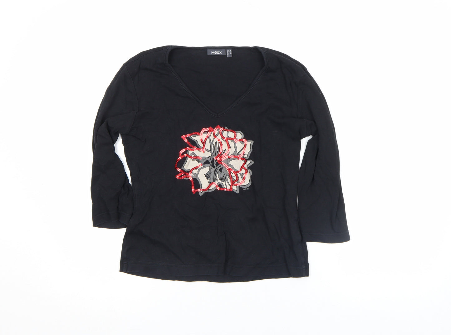 Mexx Women's Black Floral Sequin V-Neck 3/4 Sleeve T-Shirt Size L
