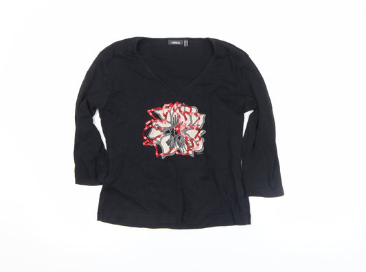 Mexx Women's Black Floral Sequin V-Neck 3/4 Sleeve T-Shirt Size L