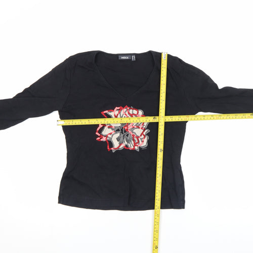 Mexx Women's Black Floral Sequin V-Neck 3/4 Sleeve T-Shirt Size L