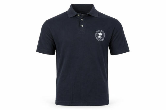 Front view of Airak Men's Black Short Sleeve University Polo Shirt, size M