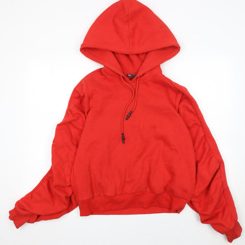 Zara Women Red Pullover Hoodie Cotton Medium Relaxed Fit