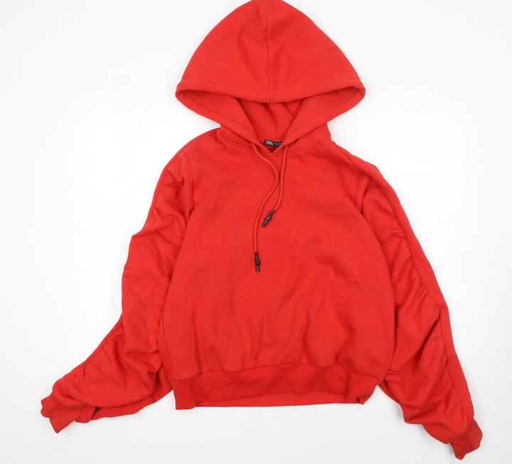Zara Women Red Pullover Hoodie Cotton Medium Relaxed Fit