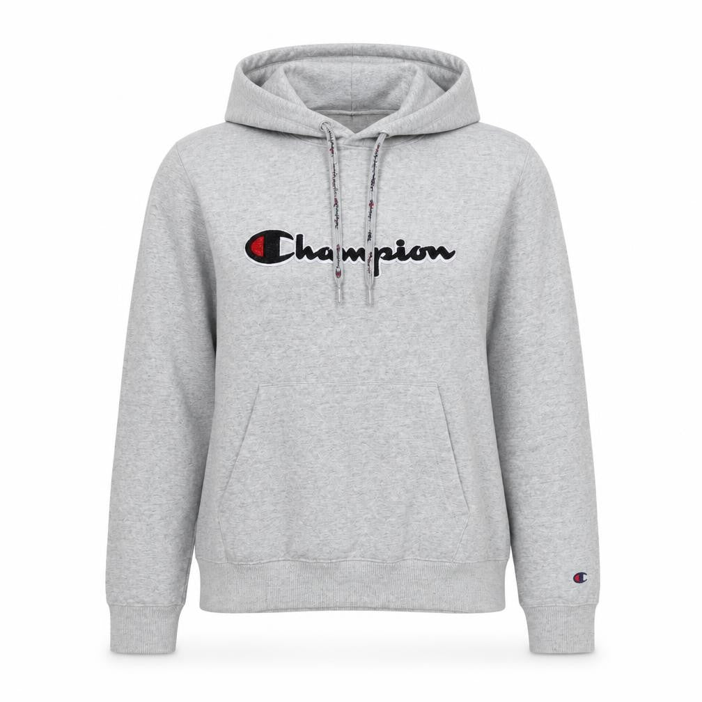 Front view of Champion women’s grey pullover hoodie m cotton blend logo casual