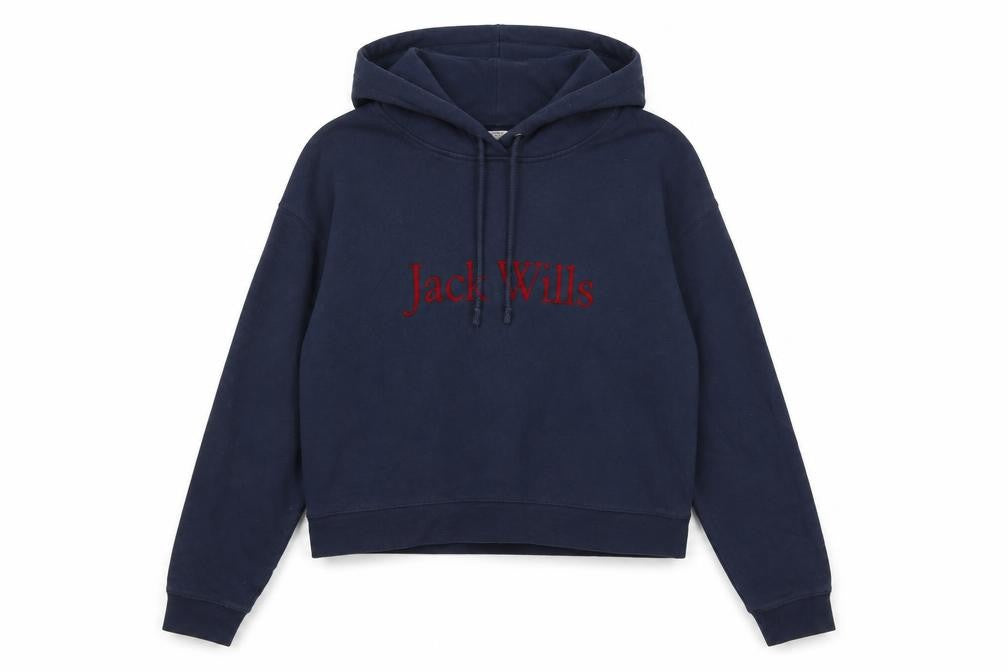 Front view of Jack Wills Women's Navy Blue Pullover Hoodie, size 8, Cotton Blend